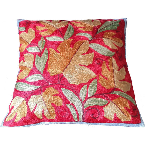 The Decor Nook Hand Embroidered Crewel Cushion Covers in Mustard Chinar Leaf Motif with Red Base - Distacart