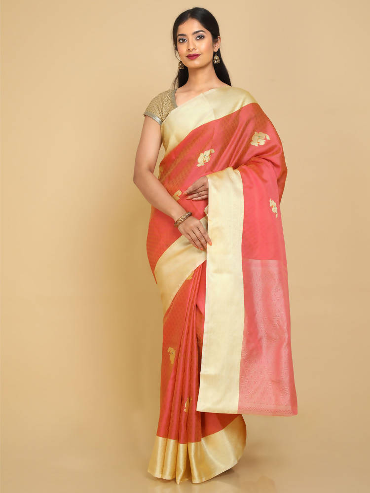 Kalamandir Floral Peach Silk Blend Saree