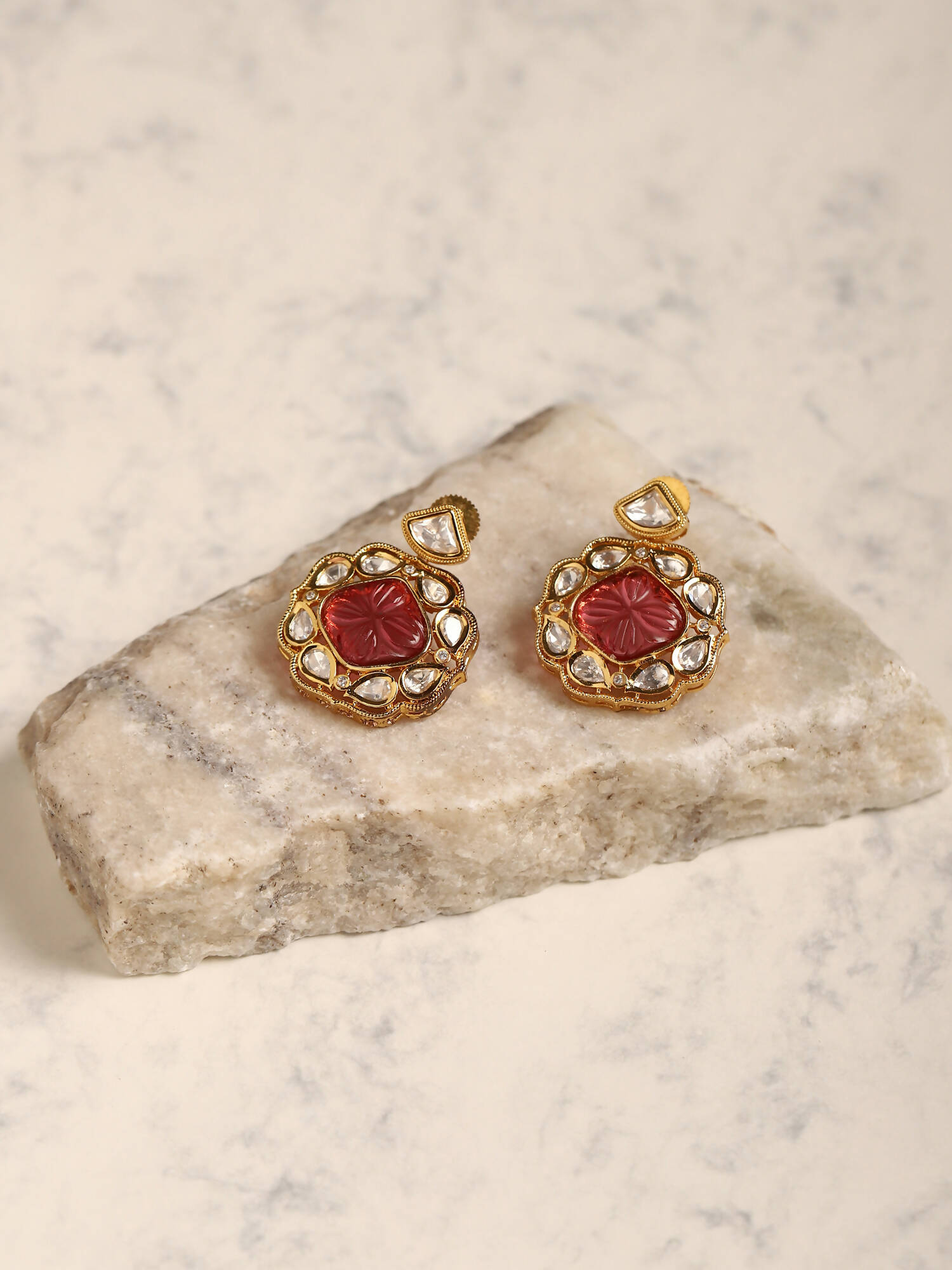 Pink Gold-Plated Contemporary Drop Earrings - Ruby Raang - Distacart