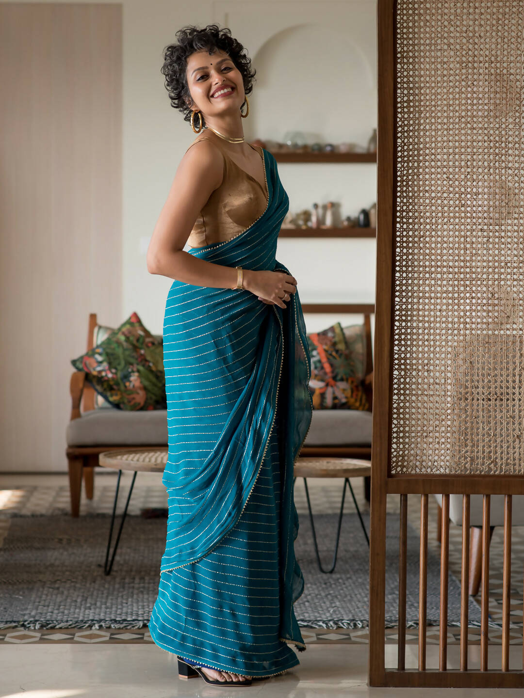 Suta Turquoise Blue Striped Viscose Rayon Saree - Distacart