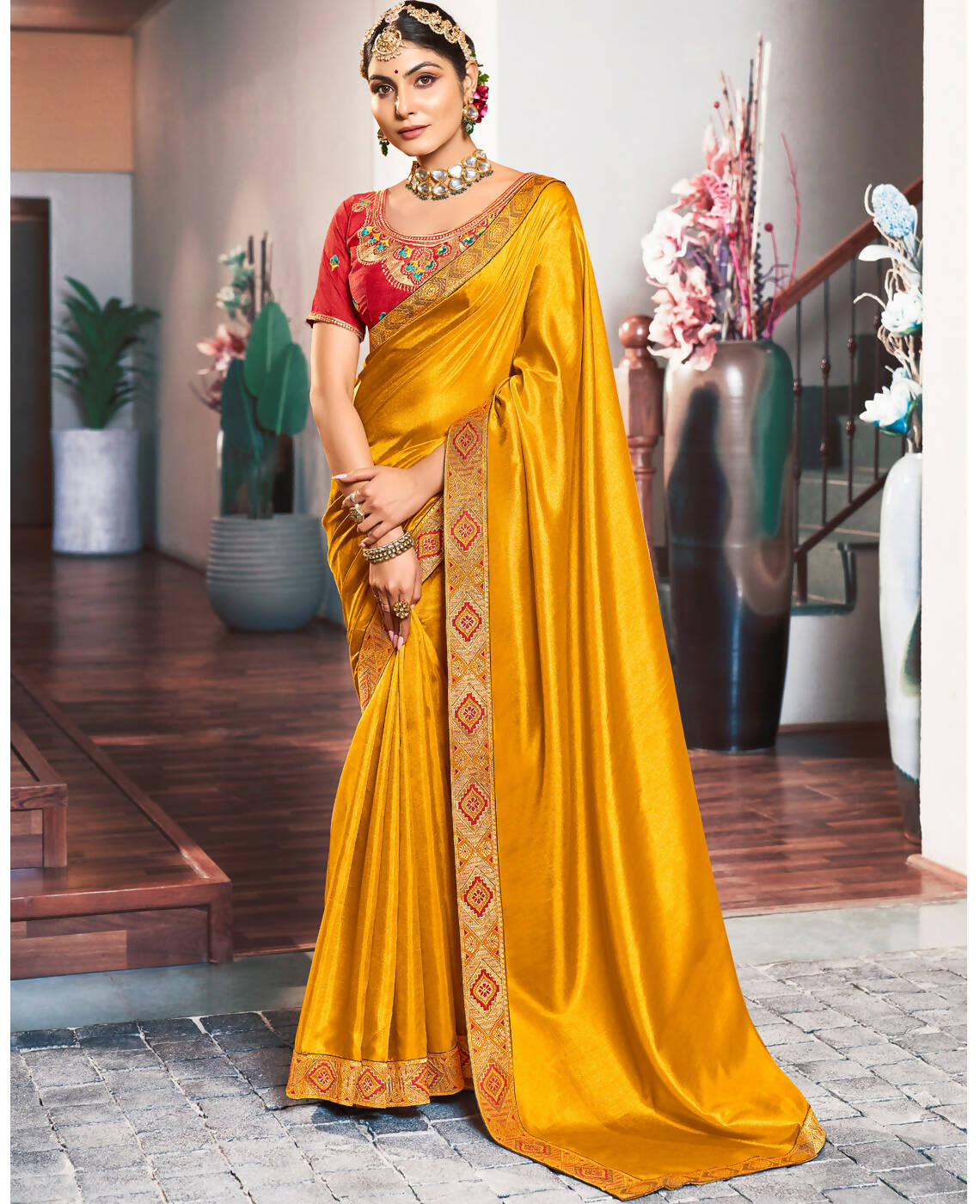Mustard Solid Vichitra Saree With Unstitched Blouse Piece - Selena - Distacart