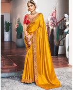 Thumbnail for Mustard Solid Vichitra Saree With Unstitched Blouse Piece - Selena - Distacart