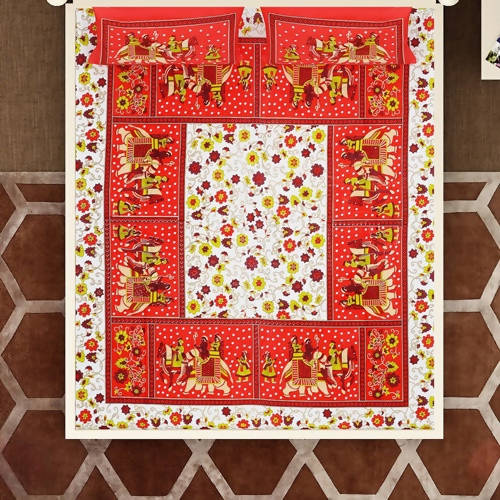 Vamika Printed Cotton Red & Multicolor Beautiful Design Bedsheet With Pillow Covers (LEOC_HTHY_R) - Distacart