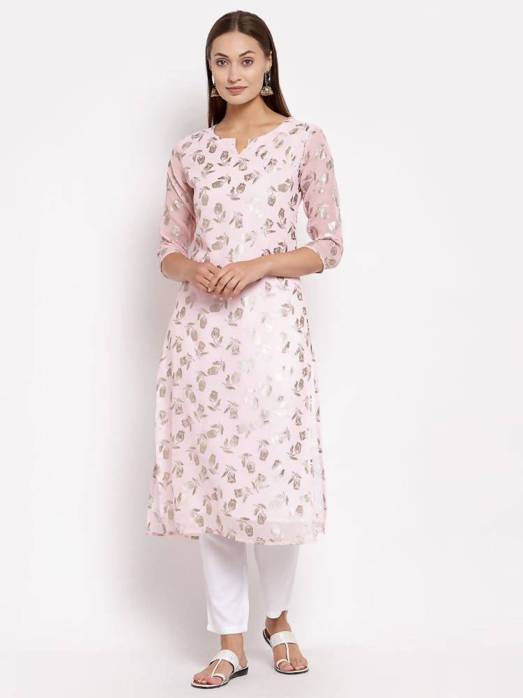 Myshka Women's Multi Georgette Printed 3/4 Sleeve Round Neck Casual Kurta