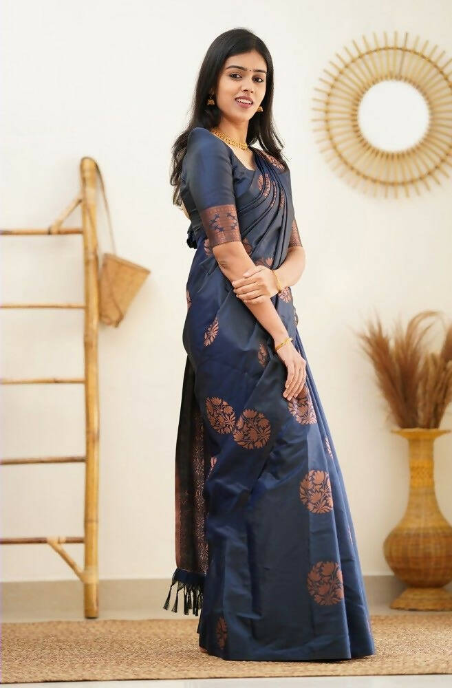 DEIANA'S Beautiful Golden Jari with New Design Soft Lichi Silk Saree - Navy Blue - Distacart