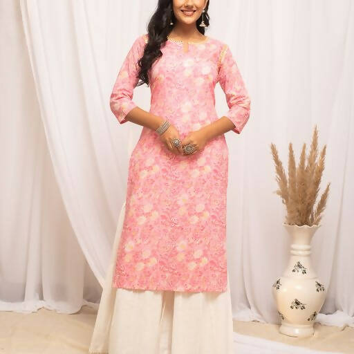 FIORRA Women's Floral Printed Peach Cotton Straight Kurta - Distacart