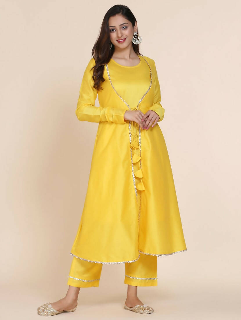 Cheera Women's Yellow Silk Blend With Gota Work Double Layer Dress With Silk Straight Pant Set - Distacart
