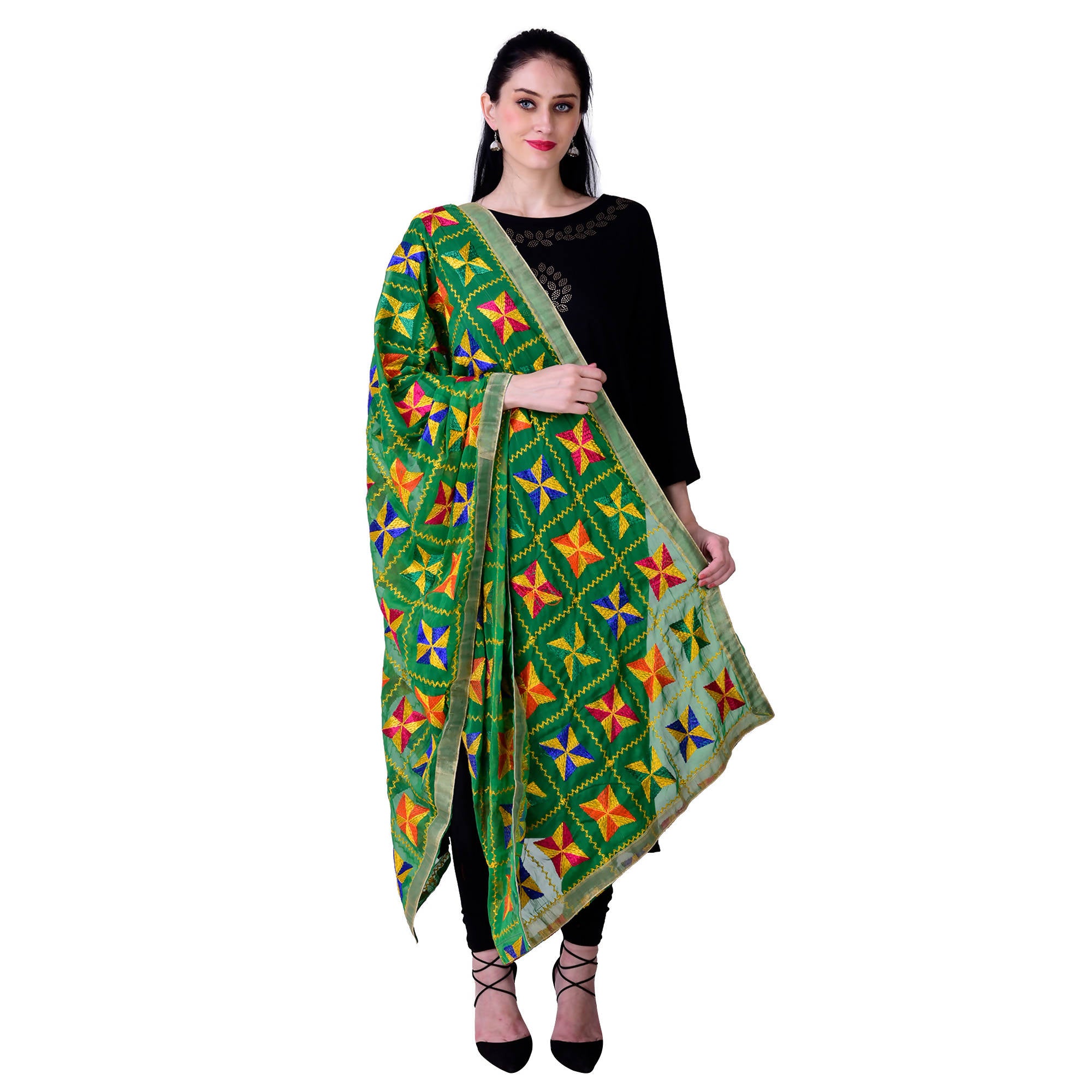 SWI Stylish Embroidered Phulkari Chiffon Green Dupatta