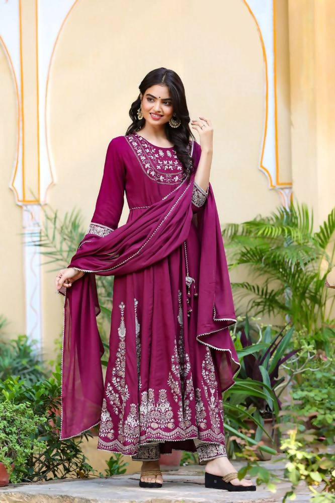 Yufta Women's Burgundy Anarkali Kurta Dupatta Set