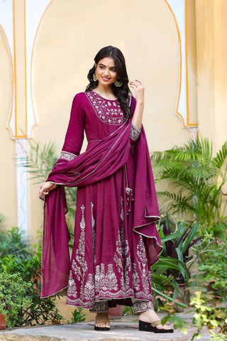 Yufta Women's Burgundy Anarkali Kurta Dupatta Set