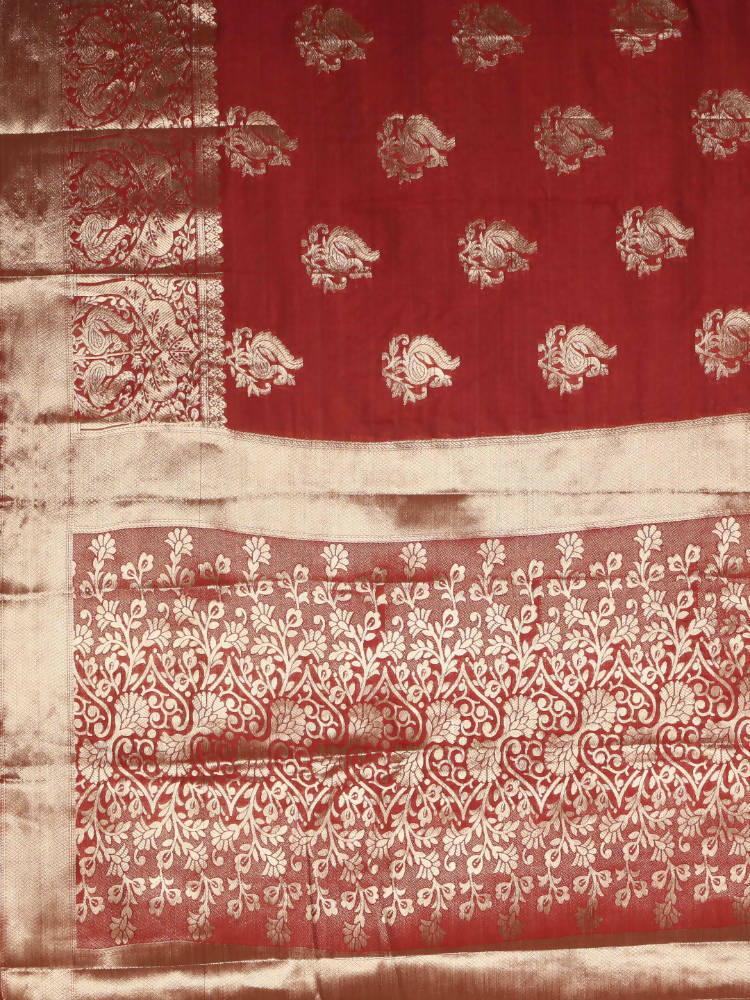 Kalamandir Peacock Print Red Silk Blend Saree