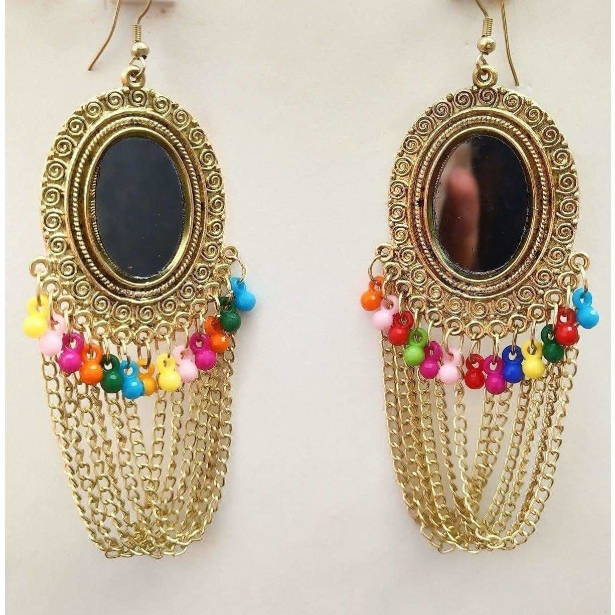 Fancy Gold Plated Mirror Traditional Chains Wedding Wear Earrings