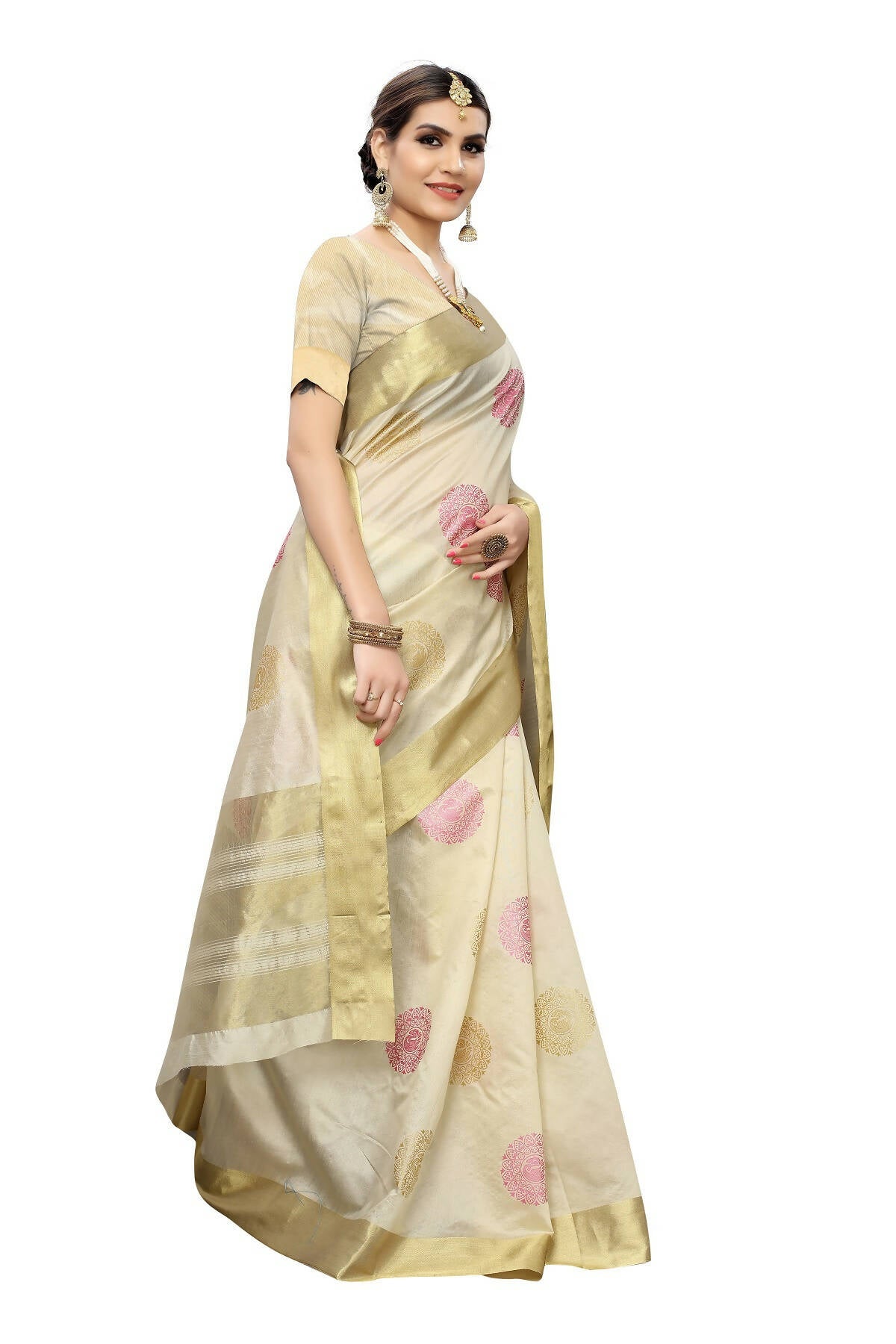 Vamika Cream Weaving Cotton Polyester Silk Saree (Kerala Bird Pink) - Distacart