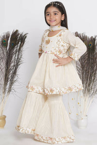 Thumbnail for Little Bansi Floral Embroidery Jacket With Cotton Lurex Frock Sharara And Dupatta With Ghungroo Handwork - Cream - Distacart