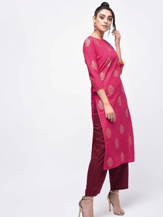 Aniyah Cotton Block Printed Pink Color Straight Kurta (AN-136K)
