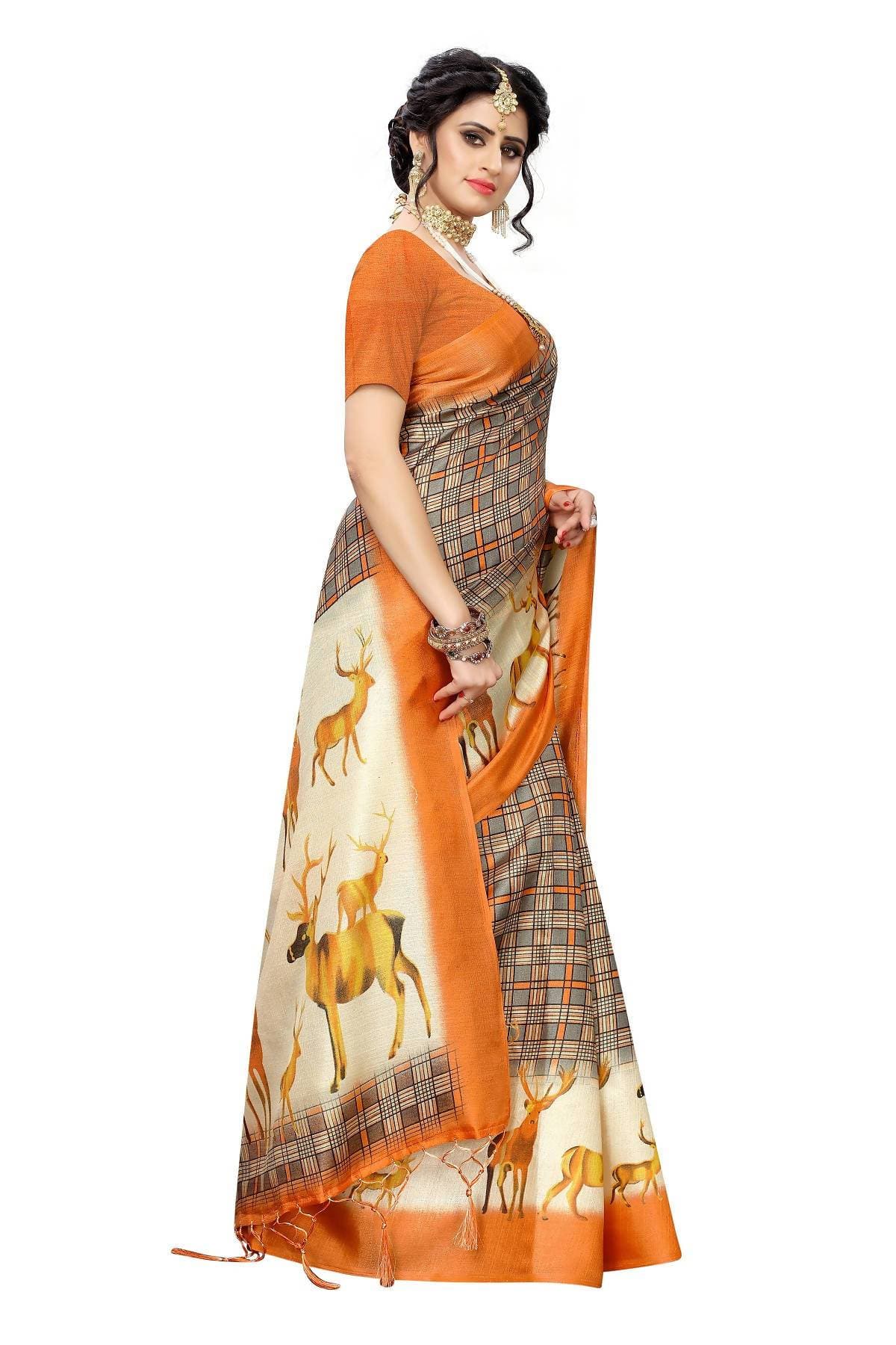 Vamika Multicolor Orange Kalamkari With Jhalar Khadi Silk Saree