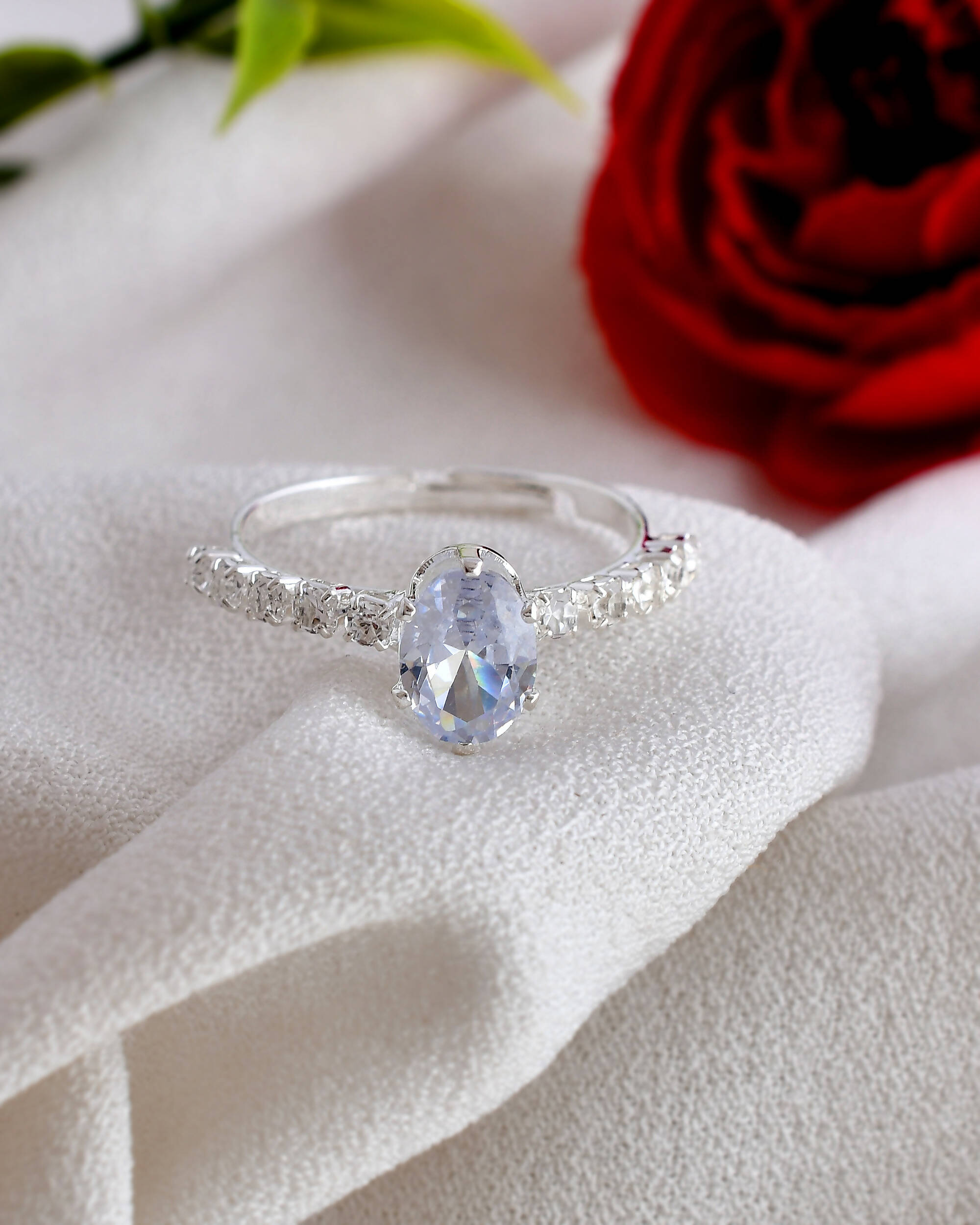 VOJ white CZ-detail Stainless Steel Cubic Zirconia Silver Plated Adjustable Finger Ring - Distacart