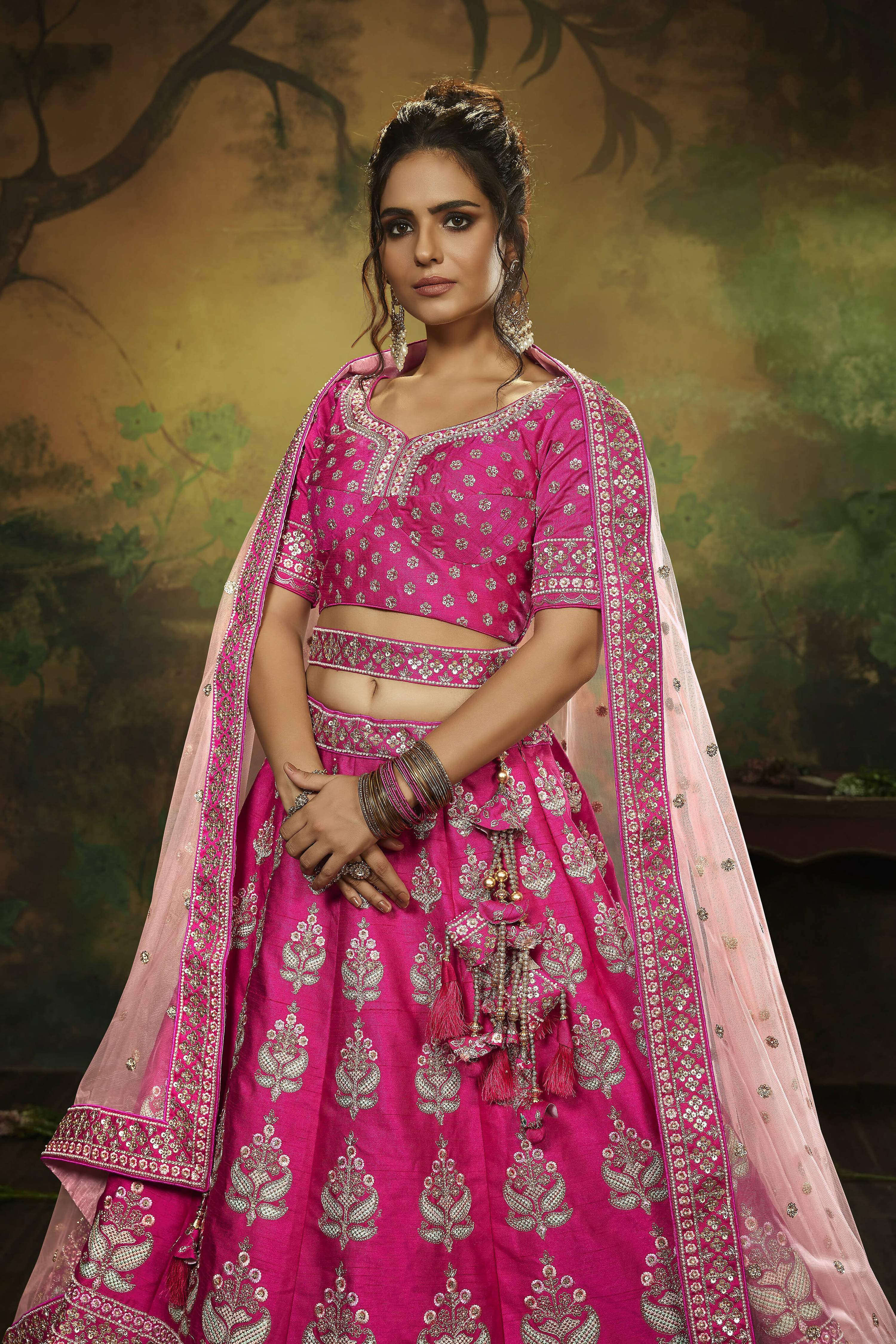 House of Panchhi Pink Pure Silk Moti & Zarkan heavy embroidery Lehenga choli & Dupatta - Distacart