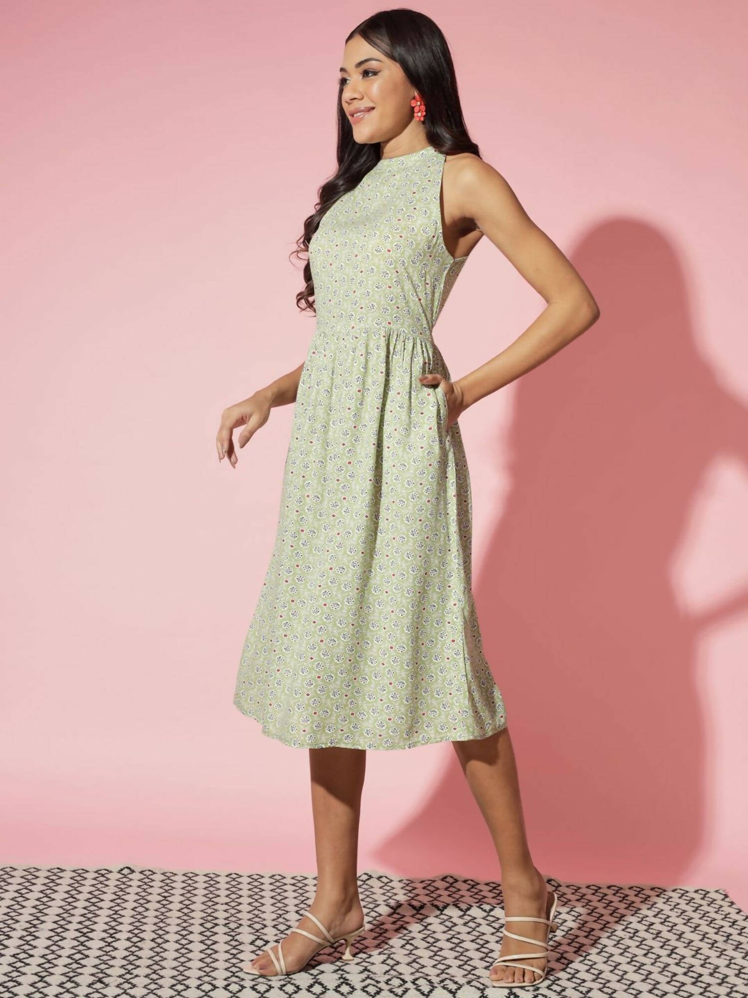 Myshka Women Ethnic Motifs Rayon A-Line Round Neck Green Dress - Distacart