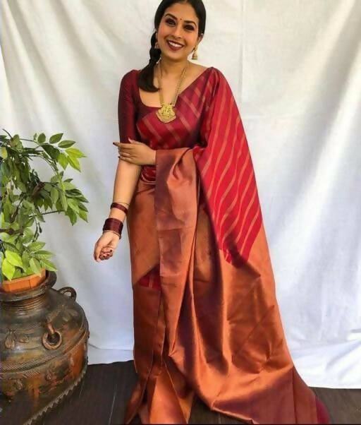 DEIANA'S Beautiful Golden Jari with New Design Soft Lichi Silk Saree - Brown - Distacart