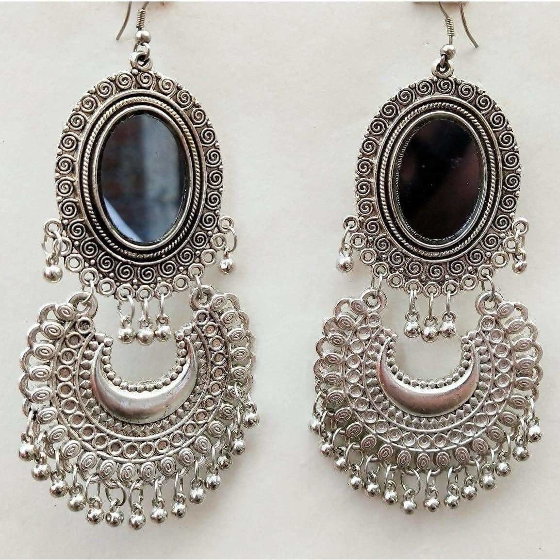 Kashmiri Chandbali Silver Dangle Oxidized Earrings