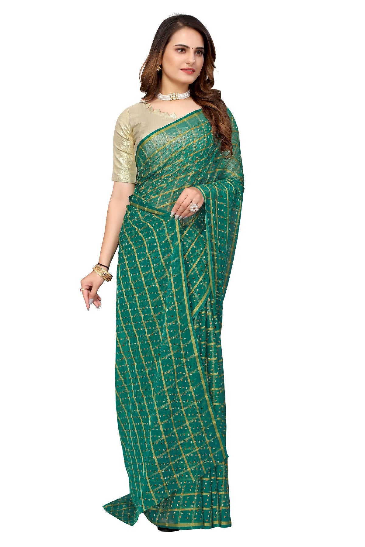 Vamika Ethnic Fire Green Jari Work Chiffon Saree - Distacart