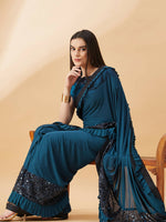 Thumbnail for Peacock Blue Lycra Sequins Fabric. Frill Details, Handwork Buttis Saree - Norita Hit Design - Distacart