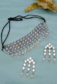 Thumbnail for Mominos Fashion Johar Kamal Oxidised Silver-Plated Alloy Finish Mirror Choker For Women - Distacart