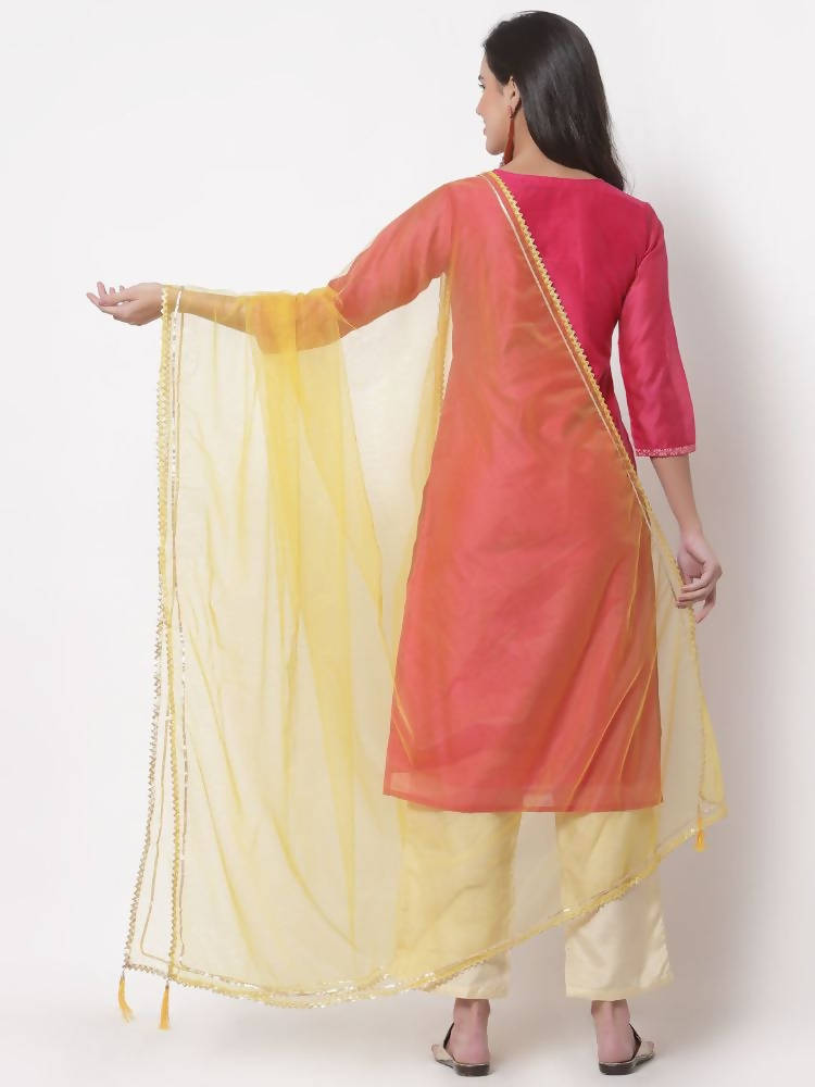 Myshka Women's Cotton Printed 3/4 Sleeve Round Neck Casual Dark Pink Kurta Pant Dupatta Set