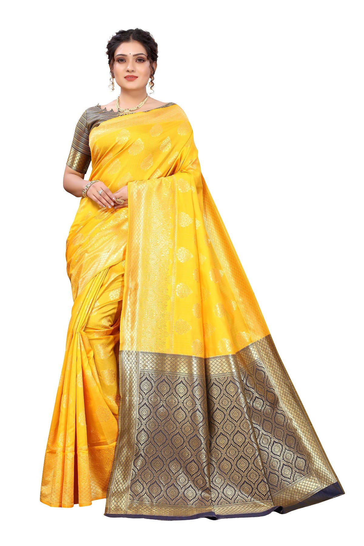 Vamika Ethnic Fire Yellow Weaving Banarasi Jacquard Saree - Distacart
