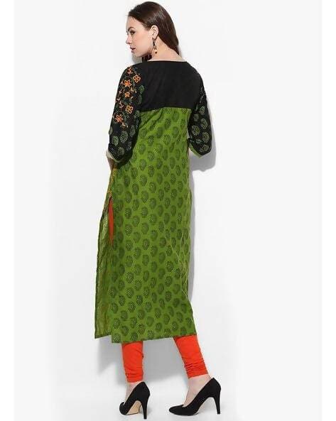 Cheera Hand Block Print Olive Green And Black Anarkali Kurta (MAAI-069K)
