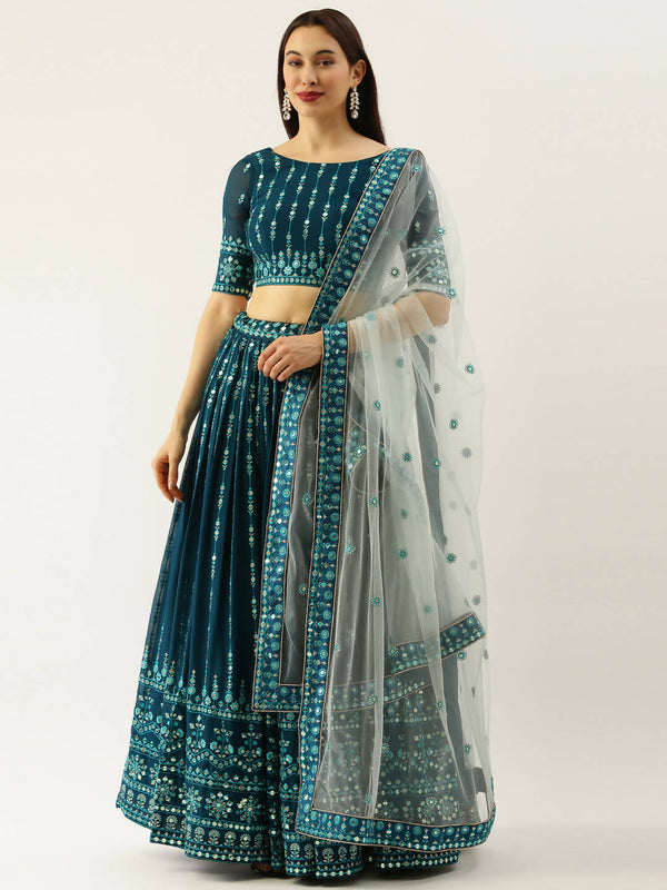 House of Panchhi Women Teal Georgette Sequins Work Lehenga & Blouse with Dupatta - Distacart