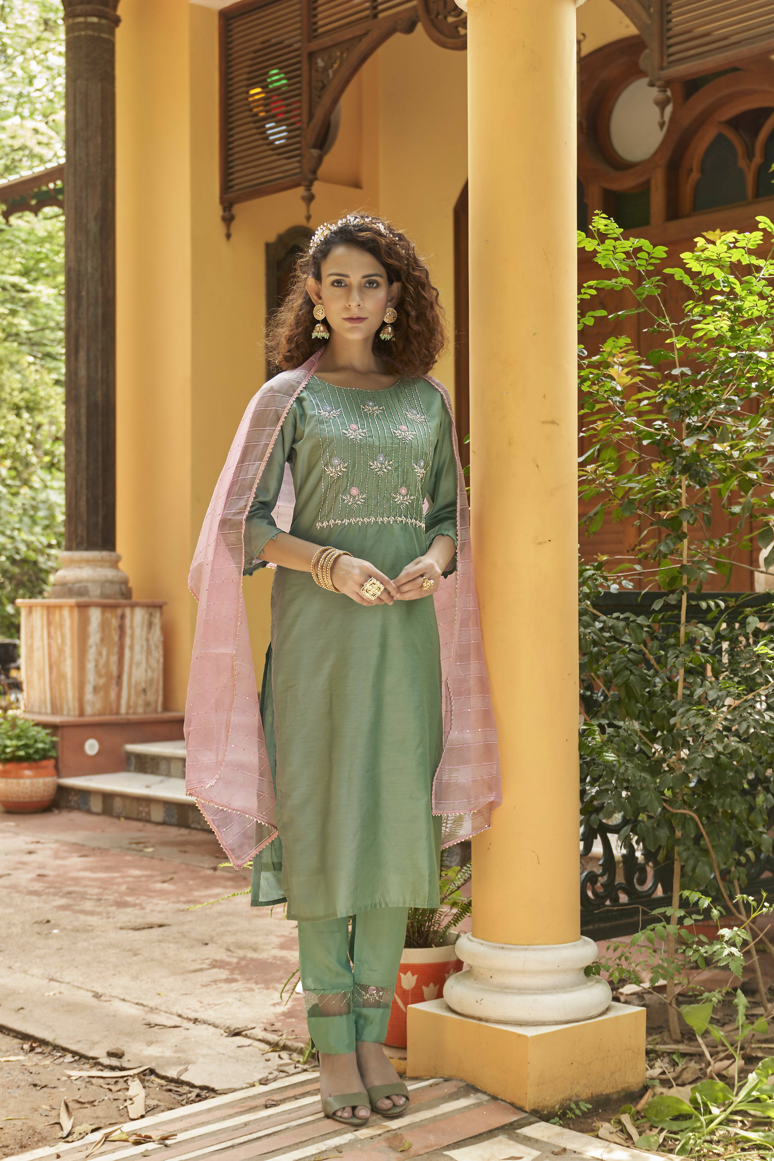 Green Chinon Embroidered Kurta and Bottom with Dupatta - Akashara - Distacart