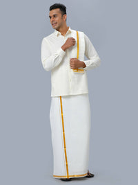 Thumbnail for Ramraj Cotton Mens Wedding Set Cream Regular Dhoti, Shirt & Towel - Distacart