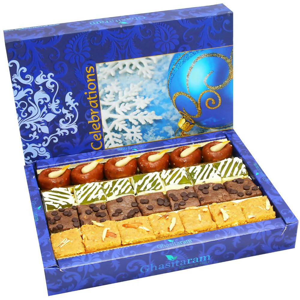 Ghasitaram Assorted Box of Kaju Chocolate Barfi, Mango Bite, Mathura Diya & Besan Barfi - Distacart