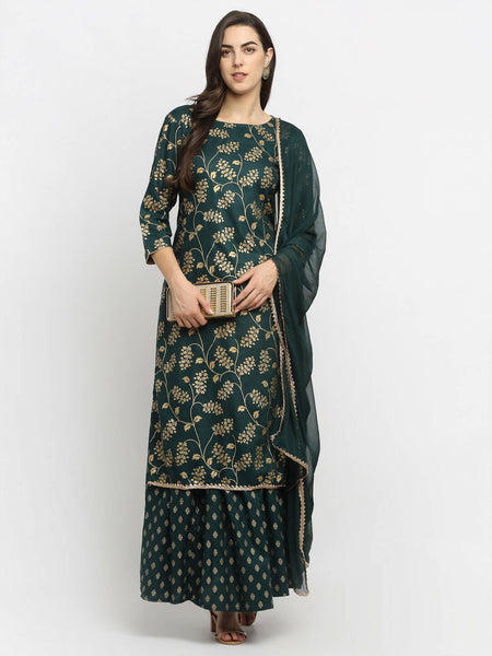 Rudra Bazaar Green Gold Printed Straight Kurta with Gold Printed Skirt & Dupatta - Distacart
