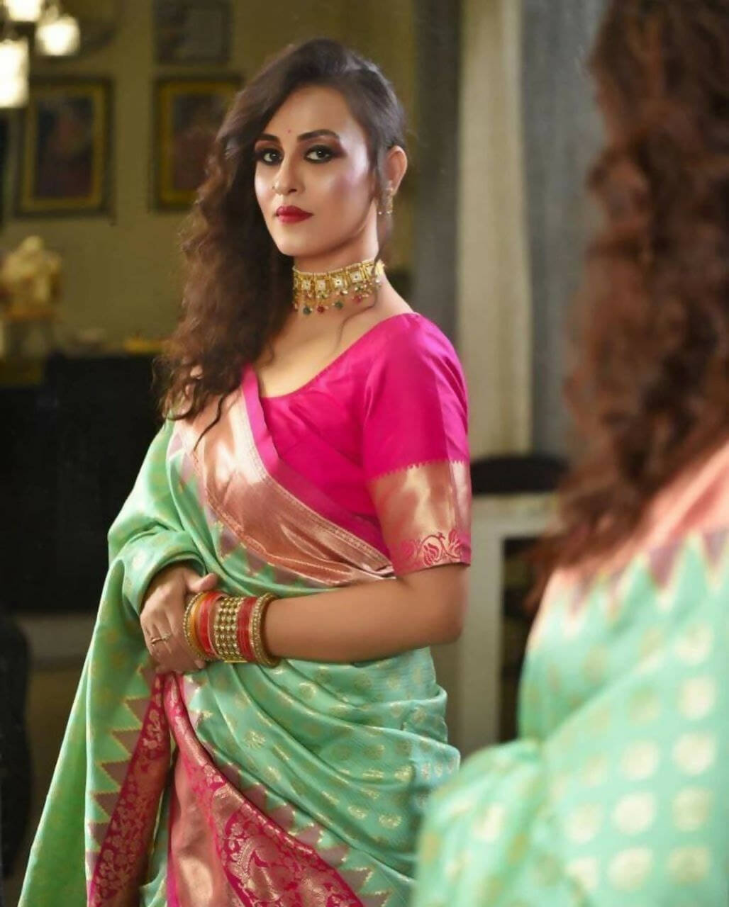 DEIANA'S Beautiful Golden Jari with New Design Soft Lichi Silk Saree - Pista - Distacart