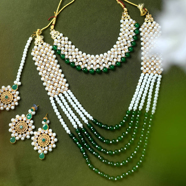 Mominos Fashion Johar Kamal Gold-Plated Rani Haar with Cream Green and Off white Pearls Jewellery Set - Distacart