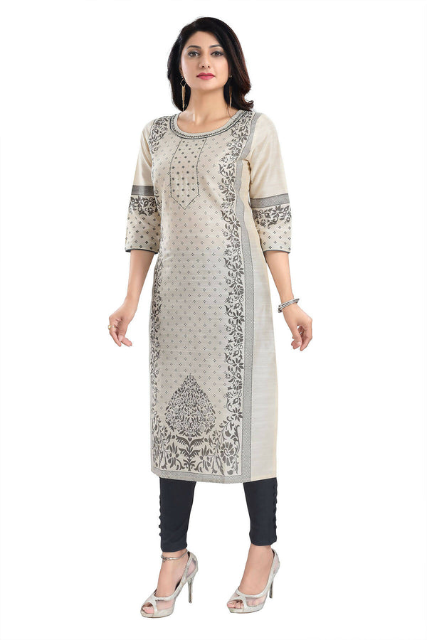 Snehal Creations Cream Raw Silk Block Print Long Kurta For Women - Distacart