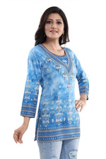 Thumbnail for Snehal Creations Novelista Sky Blue Faux Crepe Printed Short Kurti Tunic
