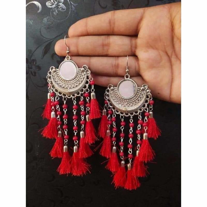 Half Moon Maroon Silk Threads With Pearl Chain Chandbali Earrings