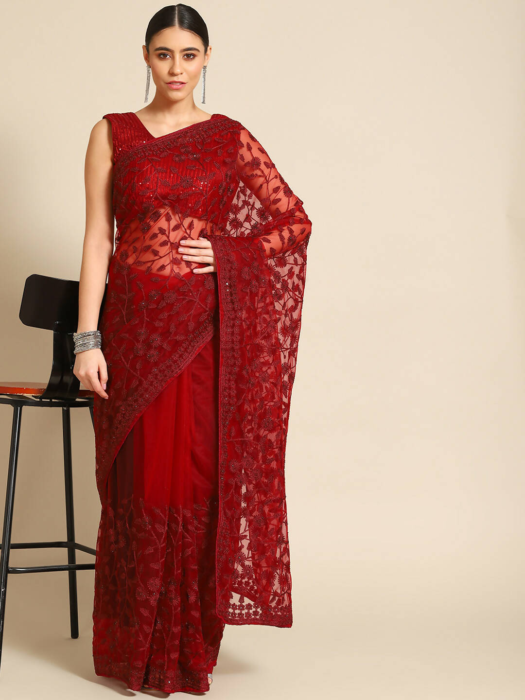 Maroon Woven Design Net Saree with Blouse Piece - Kalamkari - Distacart