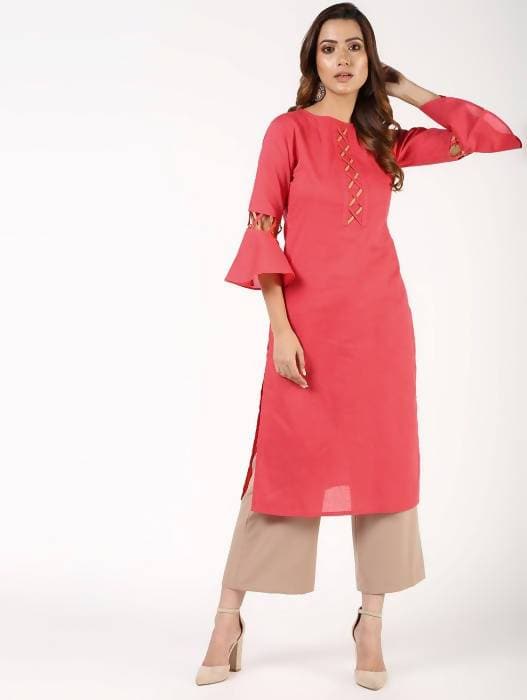 Aniyah Cotton Criss Cross Bell Sleeves Peach Straight Kurta (AN-142K)
