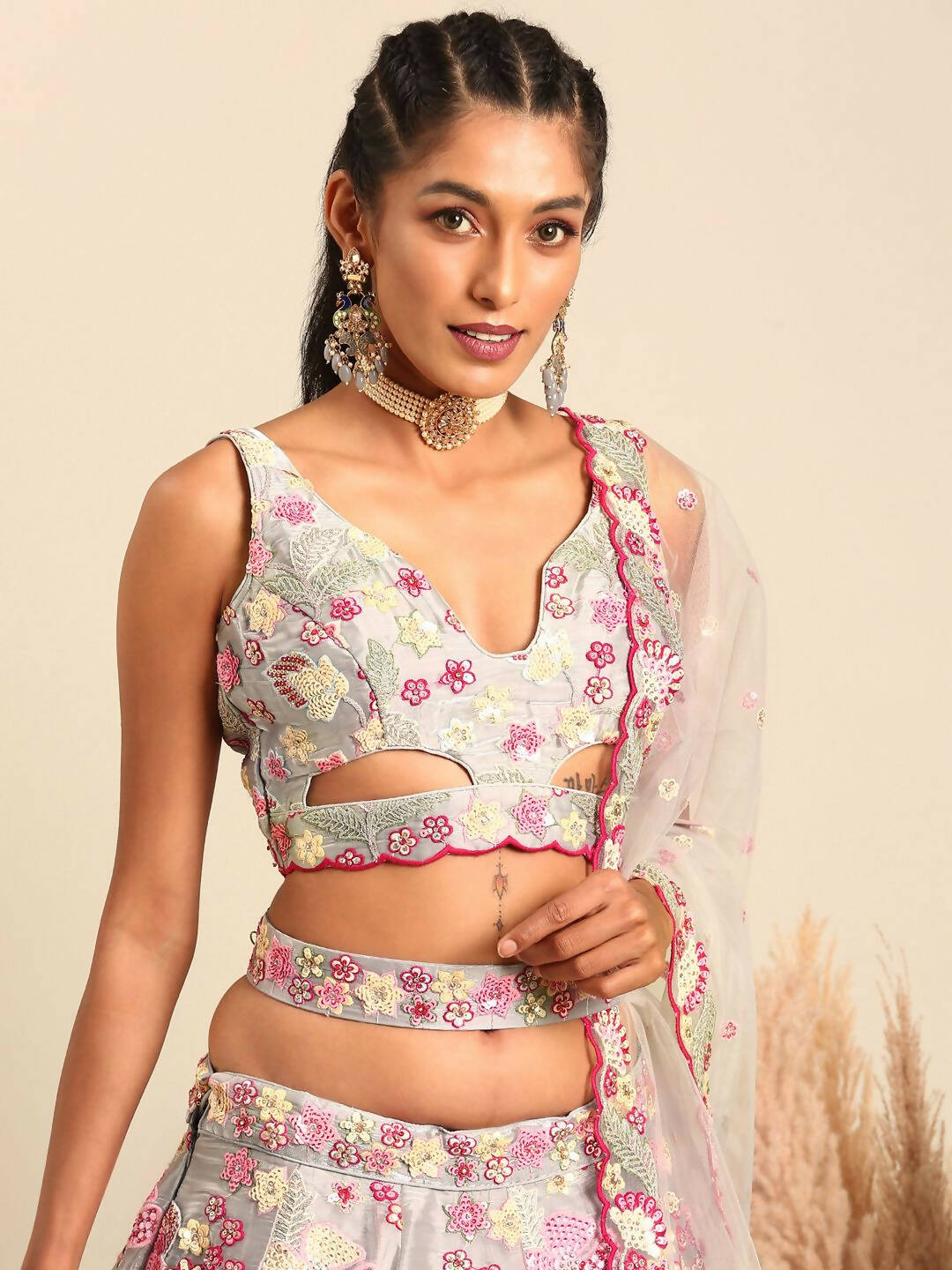 House of Panchhi Grey Organza Sequins and Zarkan embroidery Lehenga choli & Dupatta - Distacart