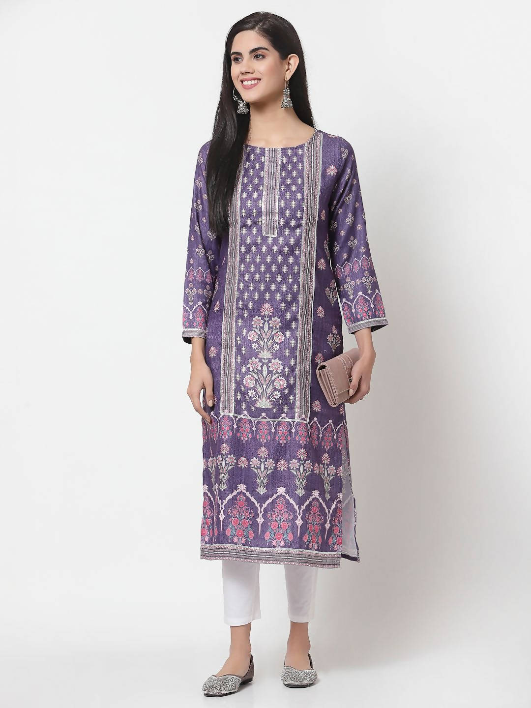 Myshka Women's Purple Printed Polyester Full Sleeve Round Neck Casual Kurta
