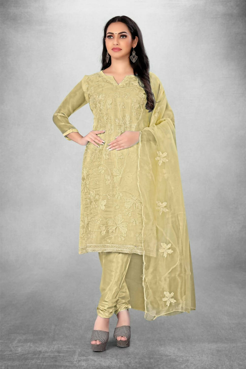 Beige Heavy Organza Silk Embroidered Unstitched Dress Material - Amara - Distacart
