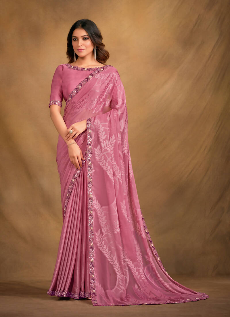 Pink Sequence/Georgette Film Jacqurad Designer Saree with Unstitched Blouse - Norita Mahitha - Distacart