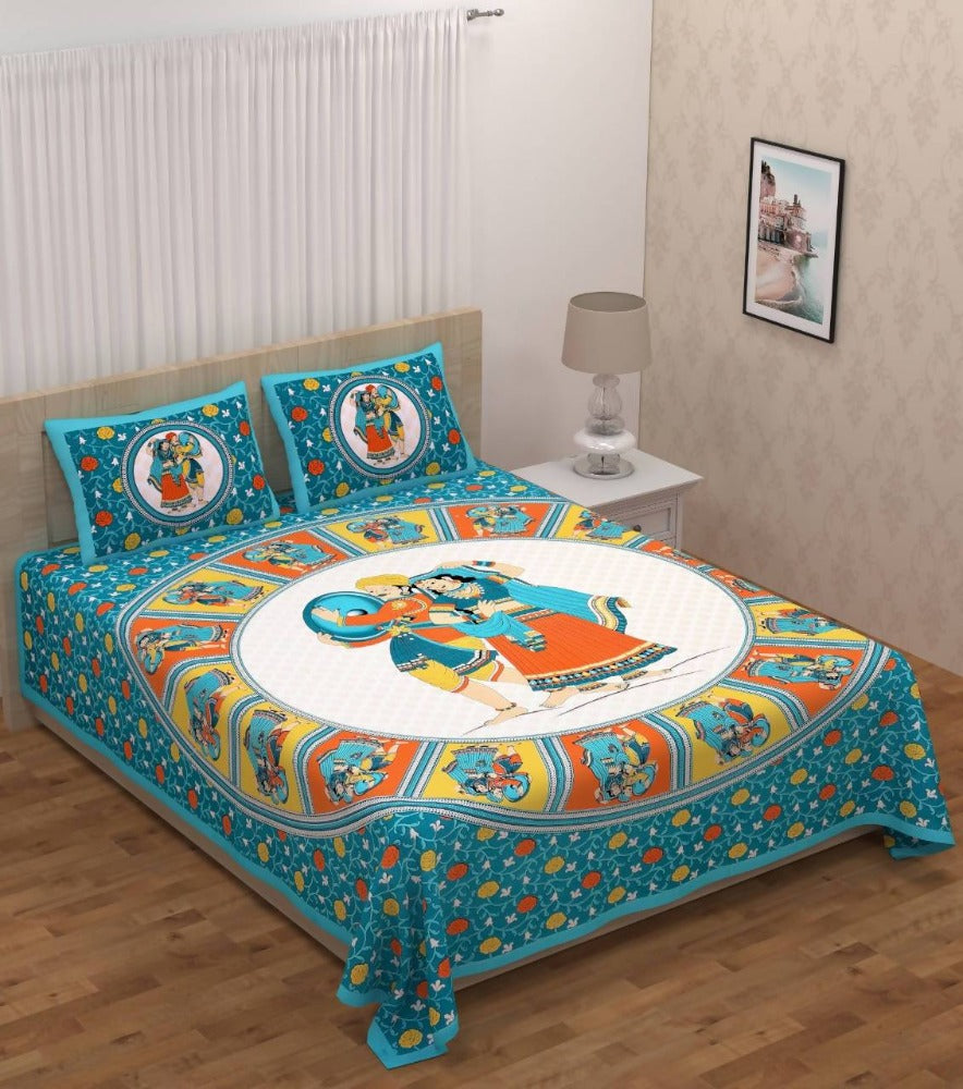Vamika Printed Cotton Green Dafli Firozi Bedsheet With Pillow Covers