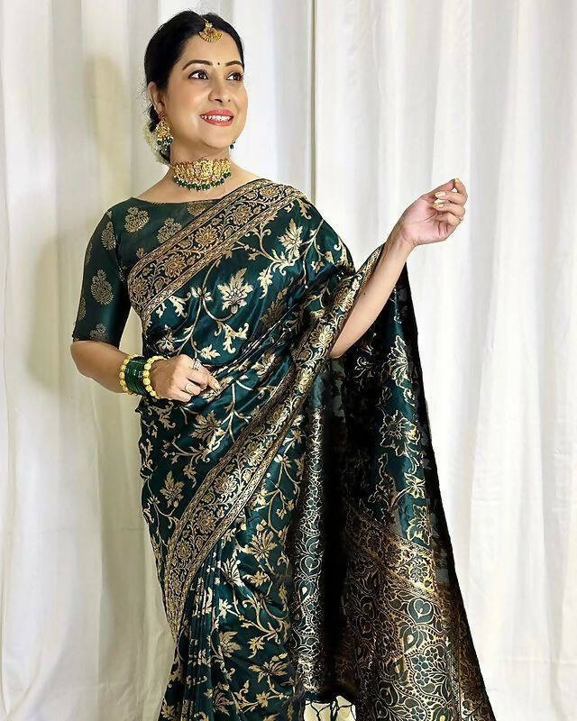 DEIANA'S Beautiful Golden Jari with New Design Soft Lichi Silk Saree - Teal - Distacart