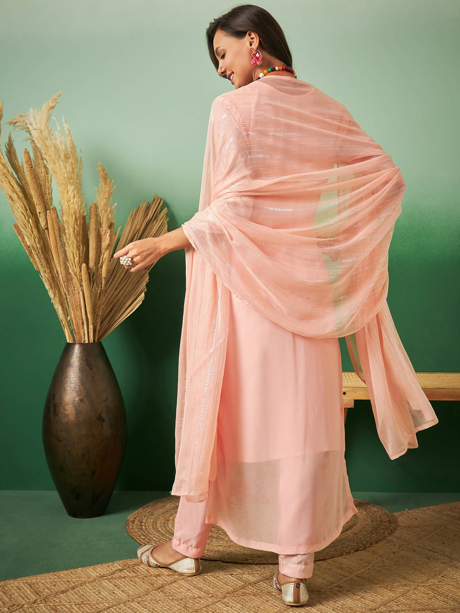 Peach Georgette Handwork Unstitched Dress Material - Hanika - Distacart